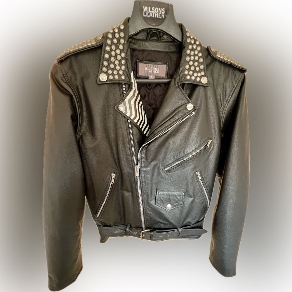 Customized Wilson’s Black Leather Biker Jacket Embellished with Studs